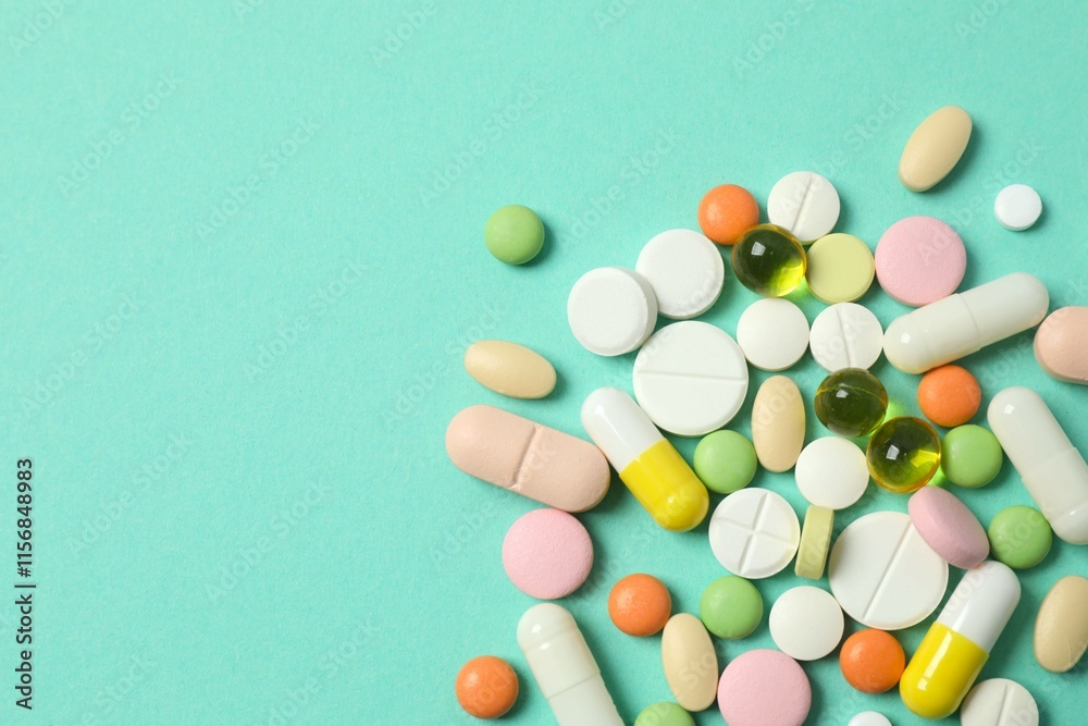 Various pills on a colored background