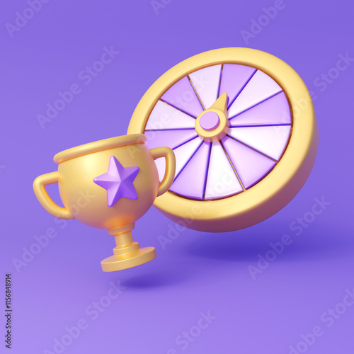 3D icon of a gold trophy and wheel, purple background, game-style, cartoon-style.