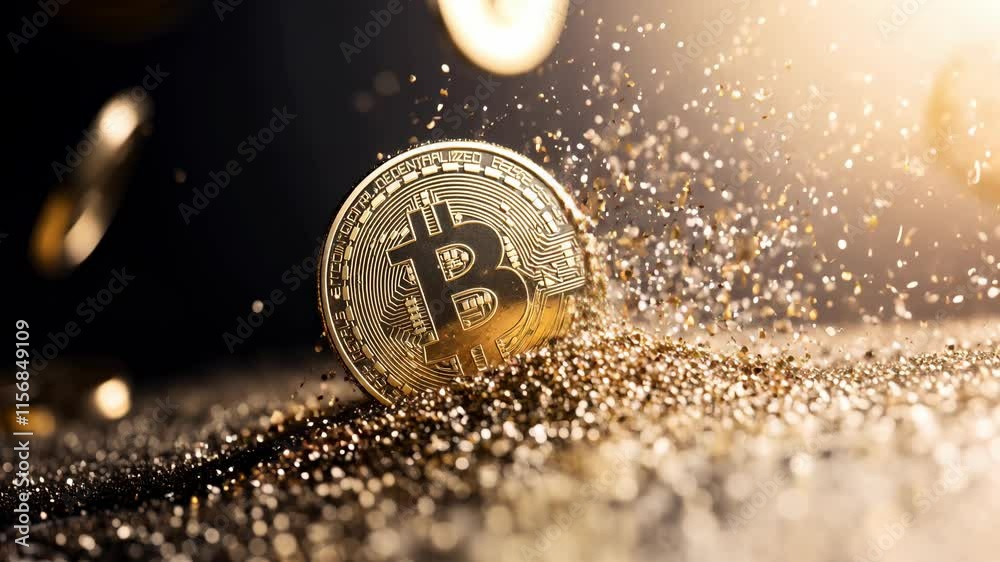 Image conceptuelle du bitcoin avec des paillettes d'or et particules dorées. Conceptual image of bitcoin with gold flakes and gold particles.