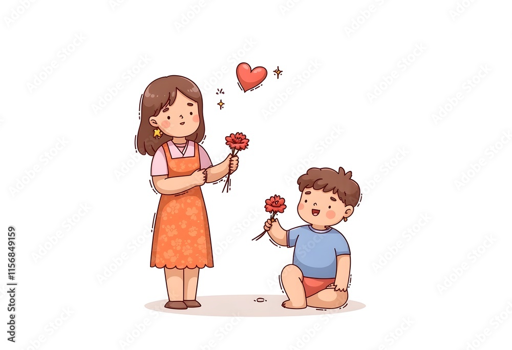 Cute Children Exchanging Flowers Lovely Cartoon Illustration Cute Children Exchanging Flowers Lovely Cartoon Illustration