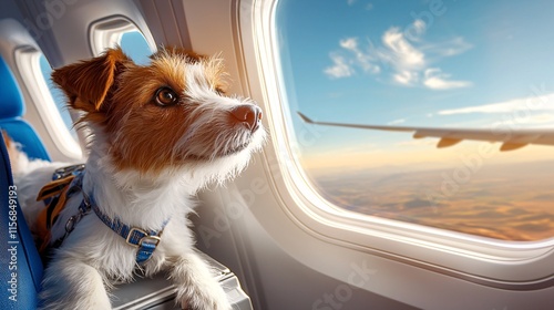 pets in airplane cabin travel subject shows a pet comfortably settled in an airplane cabin seat with its owner, looking out of the window during the flight additional artistic style traits focus on
