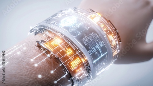 biohacking concept featuring wearable technology seamlessly integrated with the human body subject shows a futuristic, flexible wristband emitting soft light while connected to sensors on the skin