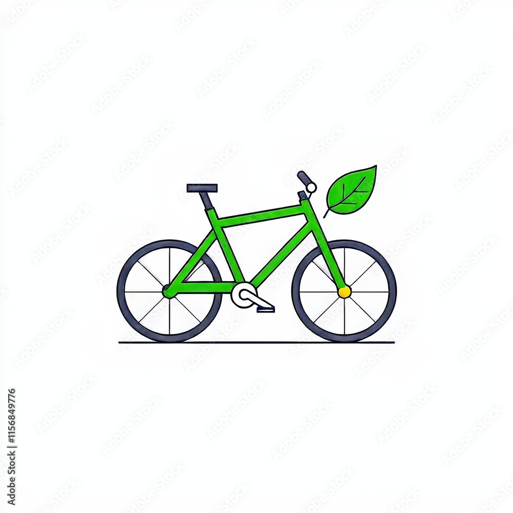 Fototapeta premium A bicycle in green, featuring a leaf, stands for environmentally friendly travel, underscoring a focus on sustainability and reducing carbon footprints.