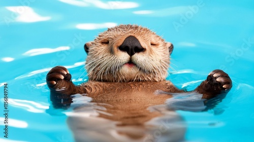 A charming close-up of a young sea otter floating serenely in the water, eyes shut as if in slumber. Perfect for wildlife photography, animal conservation, and nature-themed projects.