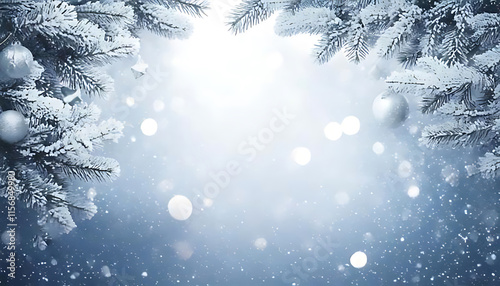 Christmas banner, greeting card with snowy soft light background. Christmas theme. Horizonta photo