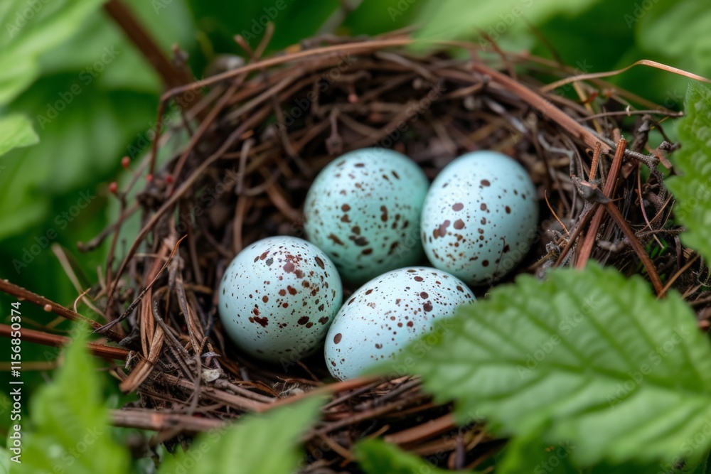 A close-up of a nest containing speckled eggs, surrounded by fresh green foliage, symbolizing new life. A close-up of a nest containing speckled eggs, surrounded by fresh green foliage, symbolizing new life.