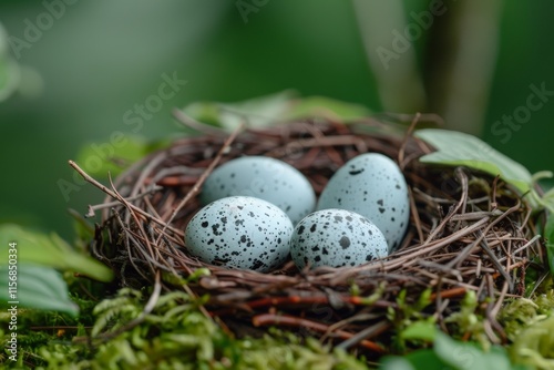 A close-up of a nest containing speckled eggs, surrounded by fresh green foliage, symbolizing new life.