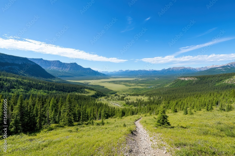 Obraz premium Panoramic View of Lush Green Valley Surrounded by Majestic Mountains Under Clear Blue Skies with Bright Sunshine in a Serene Natural Landscape