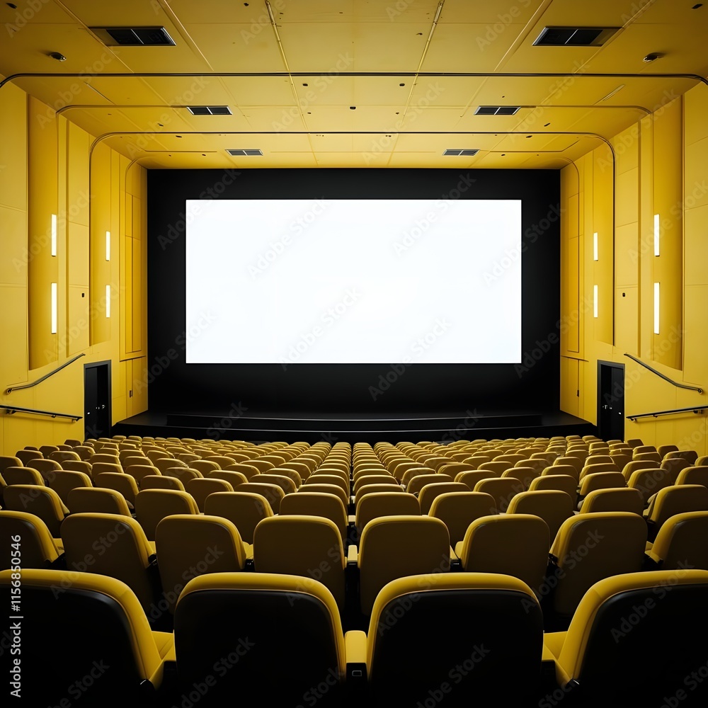 Fototapeta premium empty yellow cinema auditorium, yellow cinema hall with white blank screen and empty seats. Concept of movie theater, 