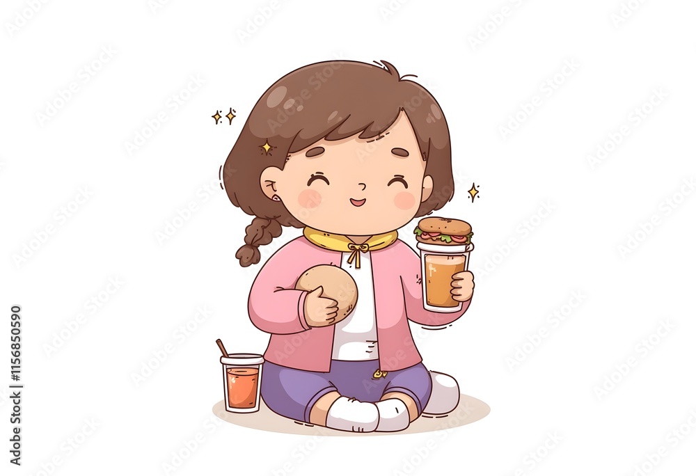 Happy Girl Enjoying Tasty Burger Bun Juice Snack Happy Girl Enjoying Tasty Burger Bun Juice Snack