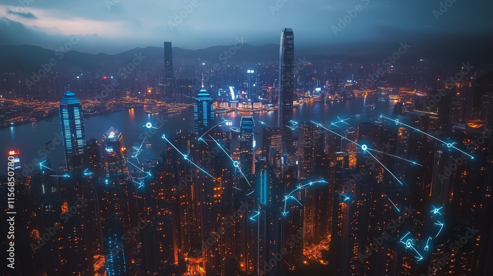 Fototapeta premium Smart digital Innovation city with connection network reciprocity over the cityscape. of future smart wireless city and social media networking systems that connects business people with in city