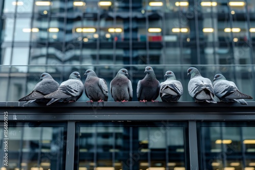 A row of pigeons perched on a metal railing in a busy urban environment.