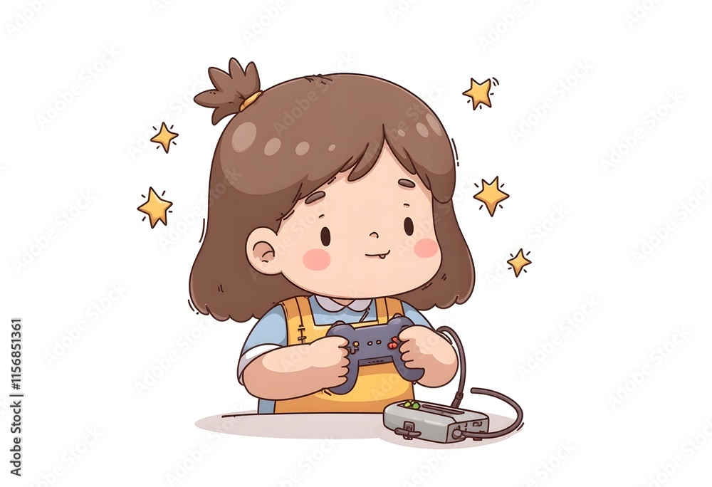 Cute Girl Playing Retro Video Game Console Controller Happy Style Illustration Cute Girl Playing Retro Video Game Console Controller Happy Style Illustration