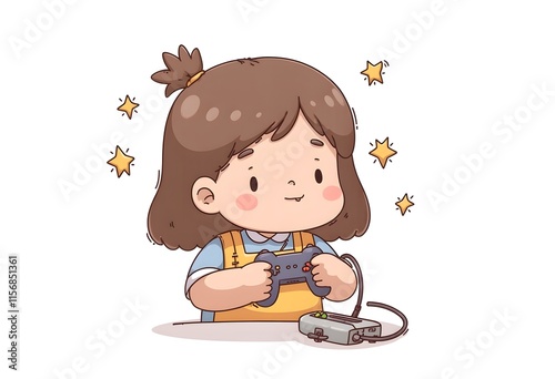 Cute Girl Playing Retro Video Game Console Controller Happy Style Illustration