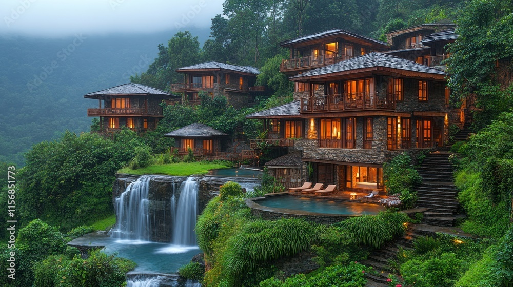 Obraz premium Serene hillside resort with modern architecture, lush greenery, and a cascading waterfall.