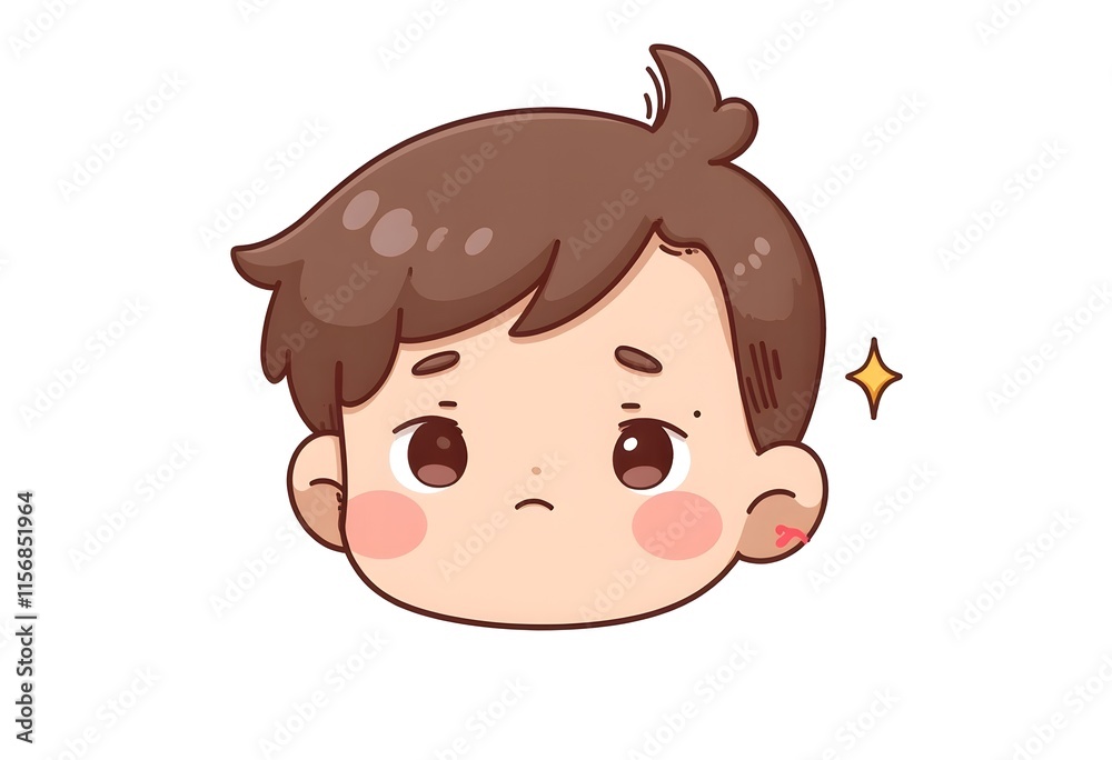 Cute Boy Cartoon Head Brown Hair Sad Expression Simple Style