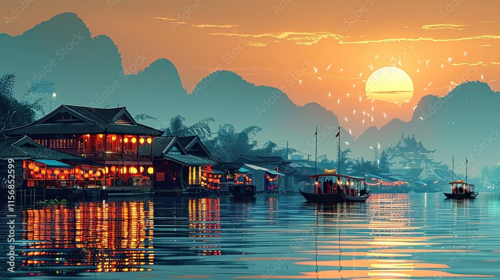 Fototapeta premium flat design, illustration, The Floating Market: Exploring new flavors in a local market