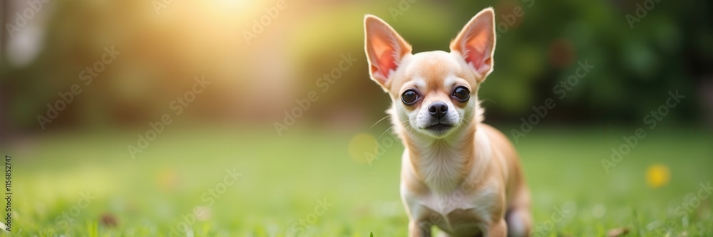 A Charming Chihuahua Puppy Standing in a Sunny Garden Looking Directly at the Camera with Innocent Eyes and Large Ears A Charming Chihuahua Puppy Standing in a Sunny Garden Looking Directly at the Camera with Innocent Eyes and Large Ears