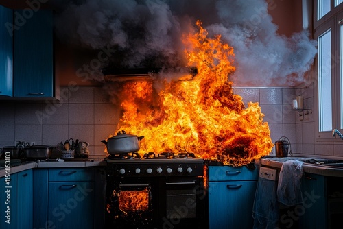 A blaze in the kitchen engulfs a house, emphasizing the hazards of cooking accidents and the value of home insurance.