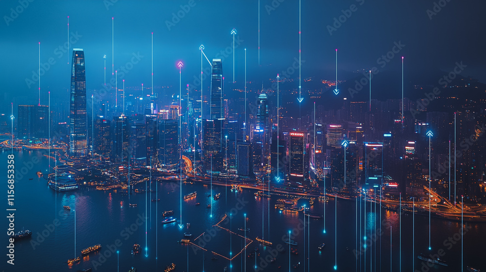 Fototapeta premium Smart digital Innovation city with connection network reciprocity over the cityscape. of future smart wireless city and social media networking systems that connects business people with in city