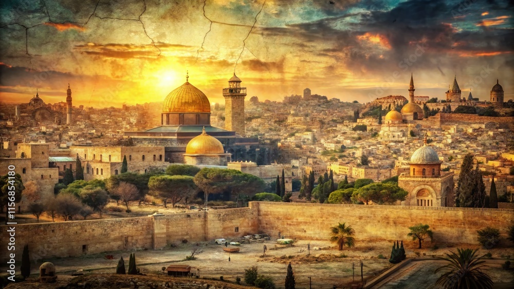 Fototapeta premium Ancient Jerusalem Cityscape Double Exposure: Artistic Map Overlay Stock Photo