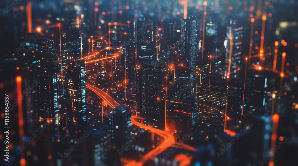 Obraz premium Smart digital Innovation city with connection network reciprocity over the cityscape. of future smart wireless city and social media networking systems that connects business people with in city