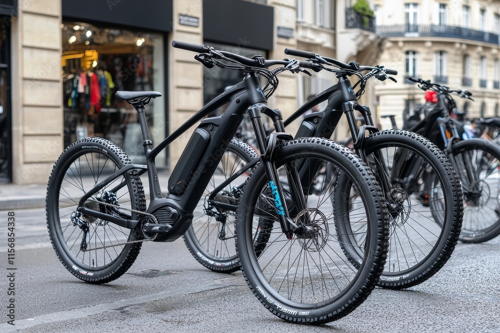 In London, two electric bikes are parked, demonstrating a sustainable and environmentally friendly means of transport. They rest against a building, embodying urban life, while the cobblestone street In London, two electric bikes are parked, demonstrating a sustainable and environmentally friendly means of transport. They rest against a building, embodying urban life, while the cobblestone street