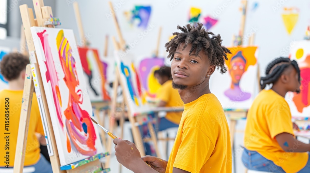 National Youth Day.A confident artist holding a paintbrush in a bright and colorful art studio surrounded by creative works. National Youth Day.A confident artist holding a paintbrush in a bright and colorful art studio surrounded by creative works.