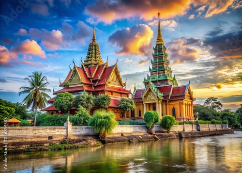 Ancient Wat Bang Phra Temple on Tha Chin River, Nakhon Pathom, Thailand photo