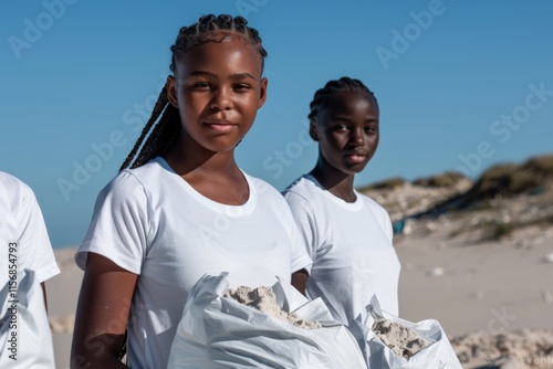 National Youth Day.Young volunteers wearing masks and gloves as they collect litter from a beach to protect the environment.