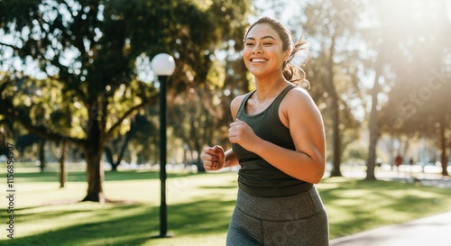 Vibrant young hispanic woman enjoying a morning jog in a sunlit park