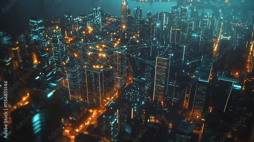 Fototapeta premium Smart digital Innovation city with connection network reciprocity over the cityscape. of future smart wireless city and social media networking systems that connects business people with in city