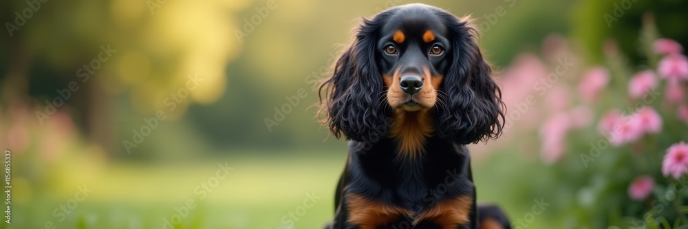 A charming black and tan Cocker Spaniel with soulful eyes gazes directly at the viewer against a softly blurred background of greenery and pink blossoms A charming black and tan Cocker Spaniel with soulful eyes gazes directly at the viewer against a softly blurred background of greenery and pink blossoms