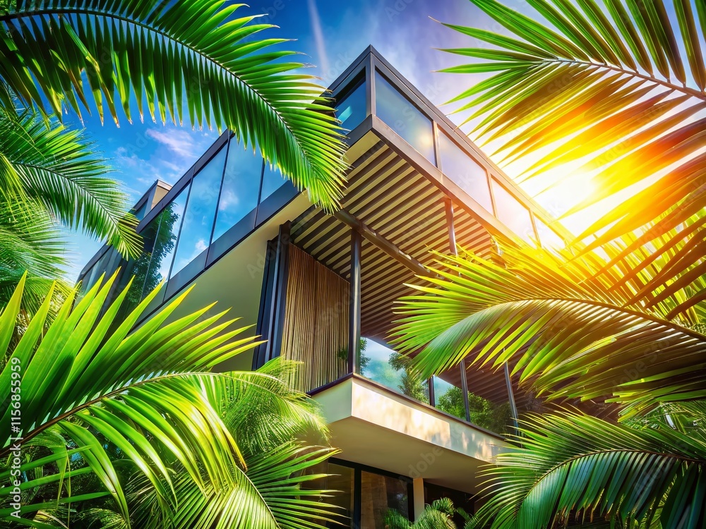 Fototapeta premium Architectural Photography: Modern Building with Grasshopper Palm Leaf Background