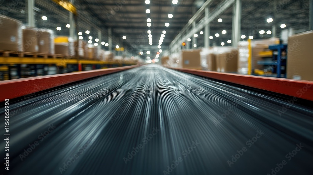 Fast conveyor belt in blurred warehouse. Fast conveyor belt in blurred warehouse.