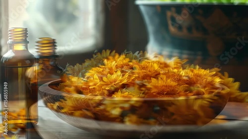Calendula essential oil and flowers. Selective focus