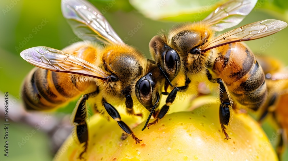 Naklejka premium Close-up of Honey Bees Pollinating Yellow Fruit on Branch