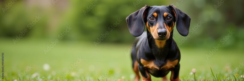 A charming dachshund with glossy black and tan fur stands alert in a lush green field looking straight ahead a portrait of puppy perfection in nature A charming dachshund with glossy black and tan fur stands alert in a lush green field looking straight ahead a portrait of puppy perfection in nature