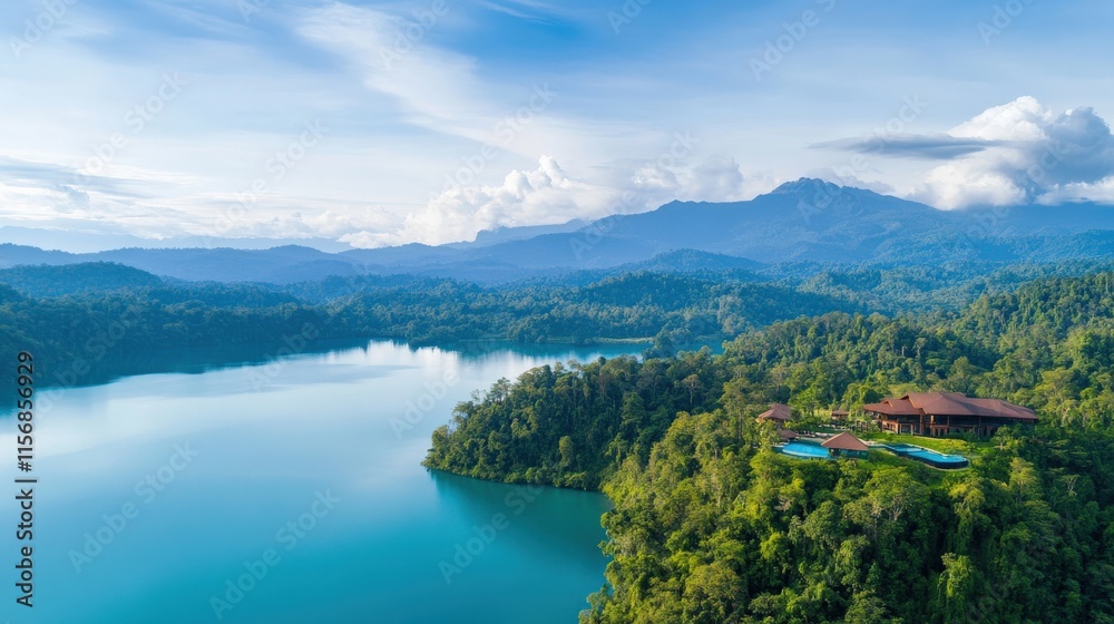 Obraz premium Scenic Aerial View of Lush Green Landscape with Serene Lake, Majestic Mountains, and Luxurious Resort Surrounded by Nature's Beauty and Tranquility