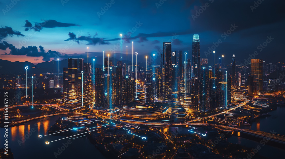 Fototapeta premium Smart digital Innovation city with connection network reciprocity over the cityscape. of future smart wireless city and social media networking systems that connects business people with in city