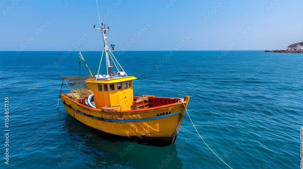 Bright Yellow Fishing Boat Floating on Calm Blue Ocean Waters Bright Yellow Fishing Boat Floating on Calm Blue Ocean Waters