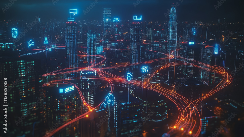 Obraz premium Smart digital Innovation city with connection network reciprocity over the cityscape. of future smart wireless city and social media networking systems that connects business people with in city