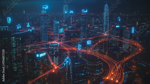 Smart digital Innovation city with connection network reciprocity over the cityscape. of future smart wireless city and social media networking systems that connects business people with in city