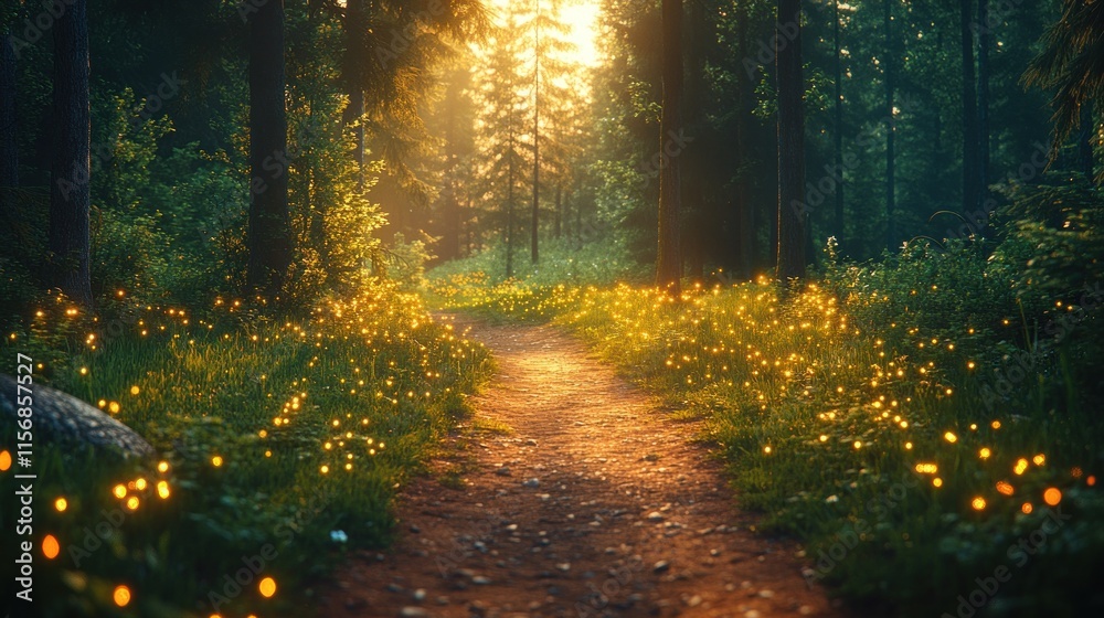 A serene forest path illuminated by sunlight and dotted with glowing flowers.