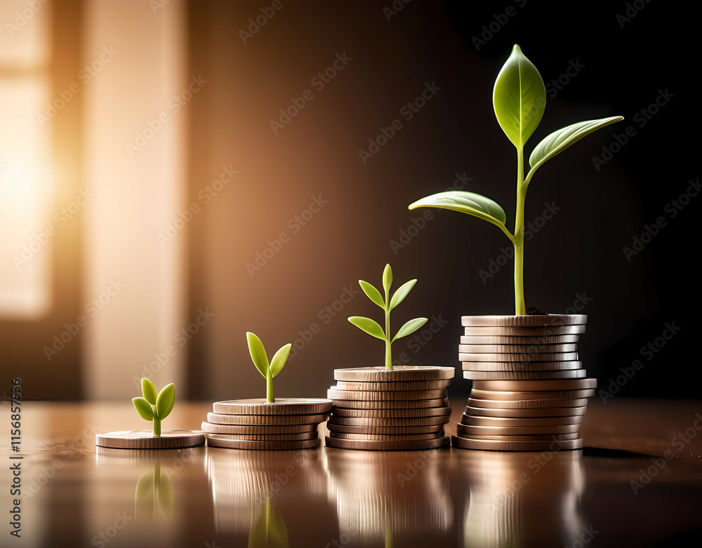 A bar chart growing upward beside a stack of coins and a sprouting plant. Financial Growth, Investment. Generative AI A bar chart growing upward beside a stack of coins and a sprouting plant. Financial Growth, Investment. Generative AI