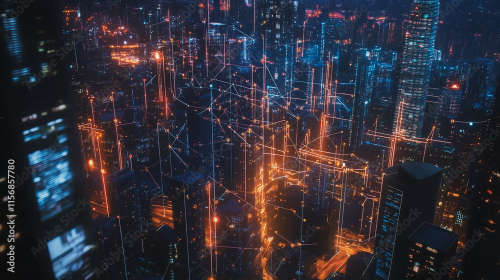 Fototapeta premium Smart digital Innovation city with connection network reciprocity over the cityscape. of future smart wireless city and social media networking systems that connects business people with in city