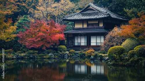 Traditional Japanese ryokan: tatami mats, sliding doors, elegant interior, tranquil gardens. Serene, authentic.