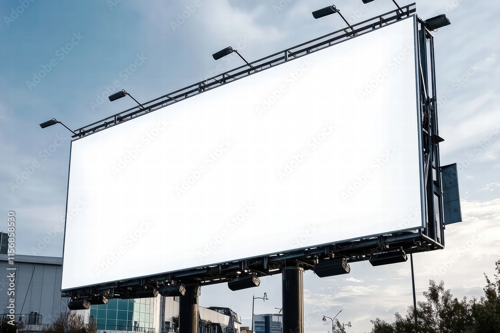 Blank Billboard Mockup: A large, blank billboard stands tall against a cloudy sky, offering a powerful canvas for your message. Ideal for showcasing your brand, products. Blank Billboard Mockup: A large, blank billboard stands tall against a cloudy sky, offering a powerful canvas for your message. Ideal for showcasing your brand, products.