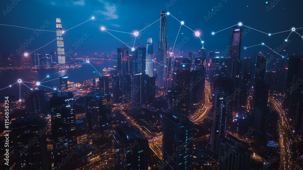 Fototapeta premium Smart digital Innovation city with connection network reciprocity over the cityscape. of future smart wireless city and social media networking systems that connects business people with in city