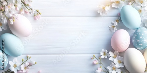 A serene arrangement of pastel Easter eggs among delicate blossoms on aged wood, celebrating the joy of Easter and bringing warmth, happiness, and togetherness to the holiday season